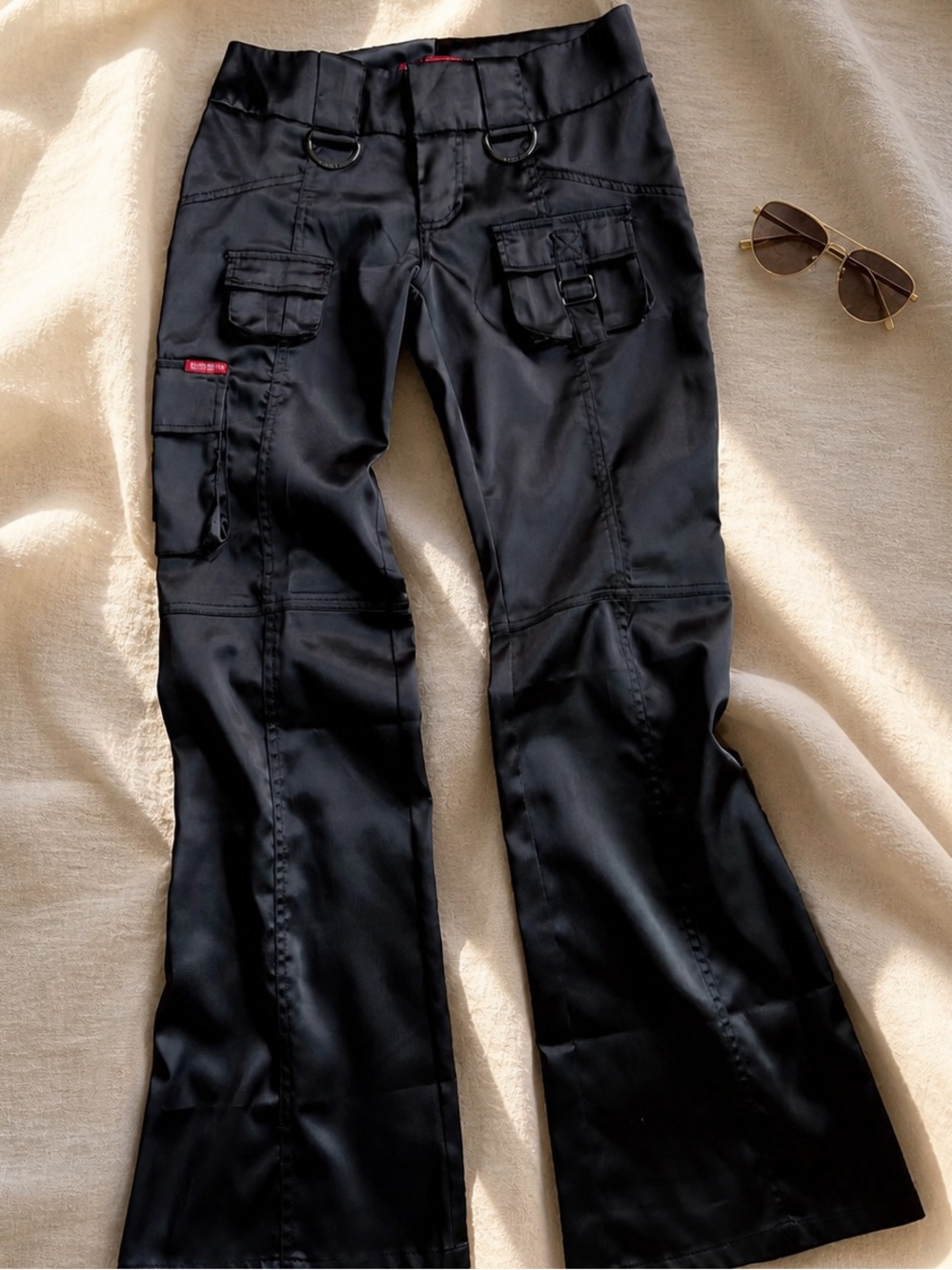 Vintage Guess Satin Flare Cargo Pants Low Rise Black 28